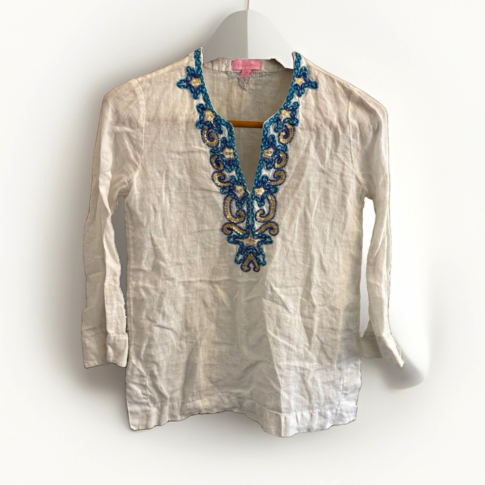 Lilly Pulitzer Womens XXS Linen Tunic Blouse V-Neck 3/4 Sleeve Embellished